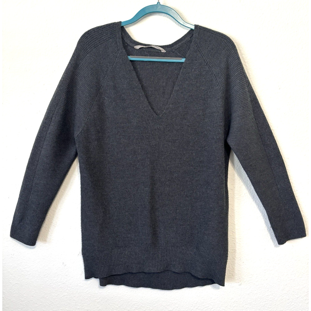 Athleta Sweater Ribbed Tunic V-Neck Long Sleeve Gray Wool Blend Minimalist Sz M‎